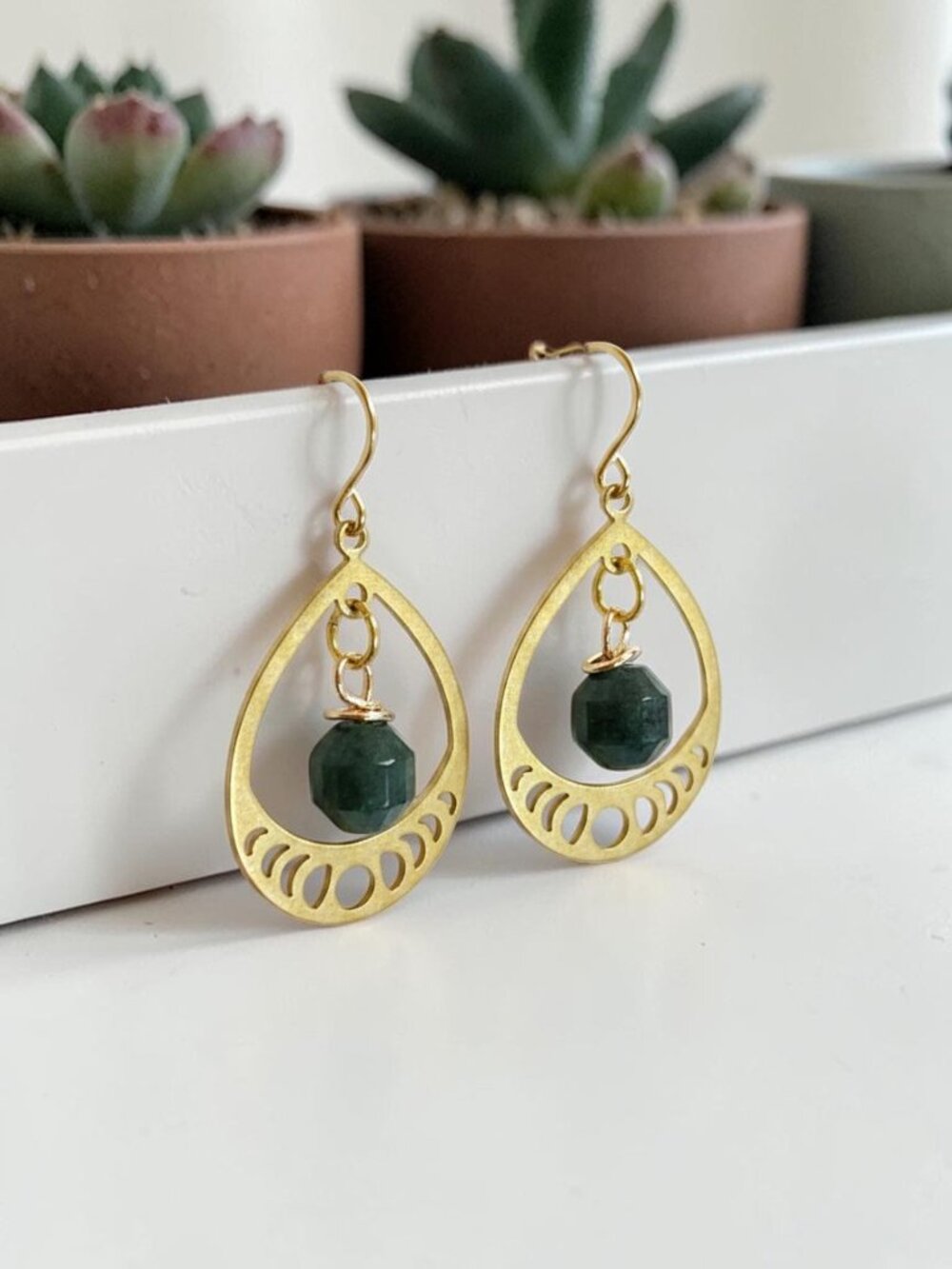 Celestial Moon Phase Earrings Green Bloodstone Gold Teardrop Dangles